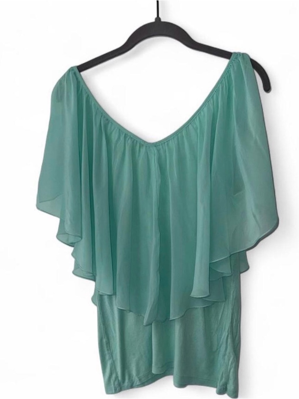 Off-Shoulder Sheer Ruffle Layer Blouse in Aqua